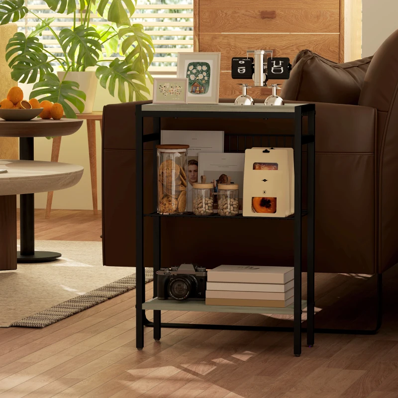 HOMCOM Table d'appoint étroit à 3 niveaux avec étagères de rangement, cadre en acier, pour salon, chambre, 43x18x62,5cm, gris