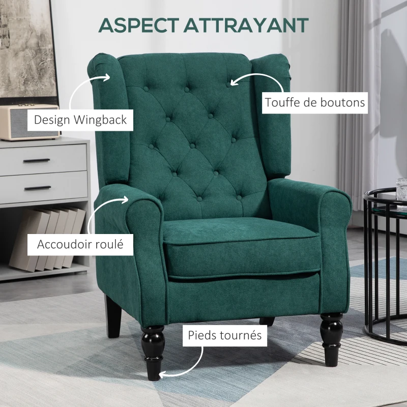 HOMCOM Fauteuil de salon capitonné avec assise large, pieds en bois, style classique, grand confort, 74 x 86 x 102 cm, vert