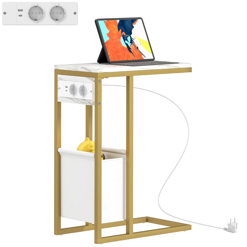 HOMCOM Table d'appoint forme C avec station de charge sac de rangement en tissu plateau aspect marbre, 46 x 25 x 62,5 cm, blanc