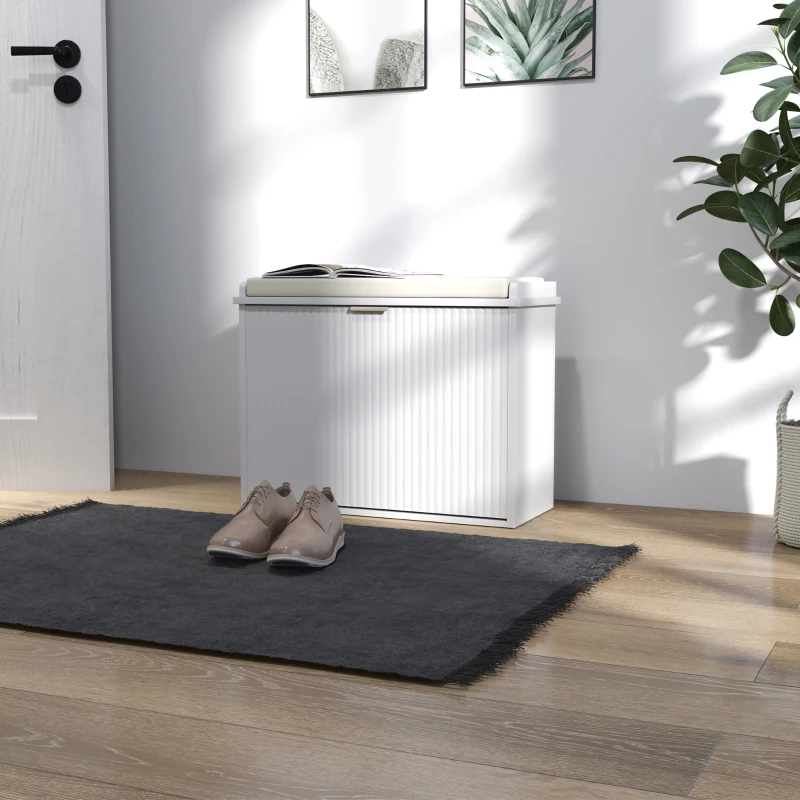 HOMCOM Schuhschrank mit gepolsterter Sitzkissen und klappbarem Schuhfach für Flur, Schlafzimmer, 62 x 26 x 47,5 cm, weiß
