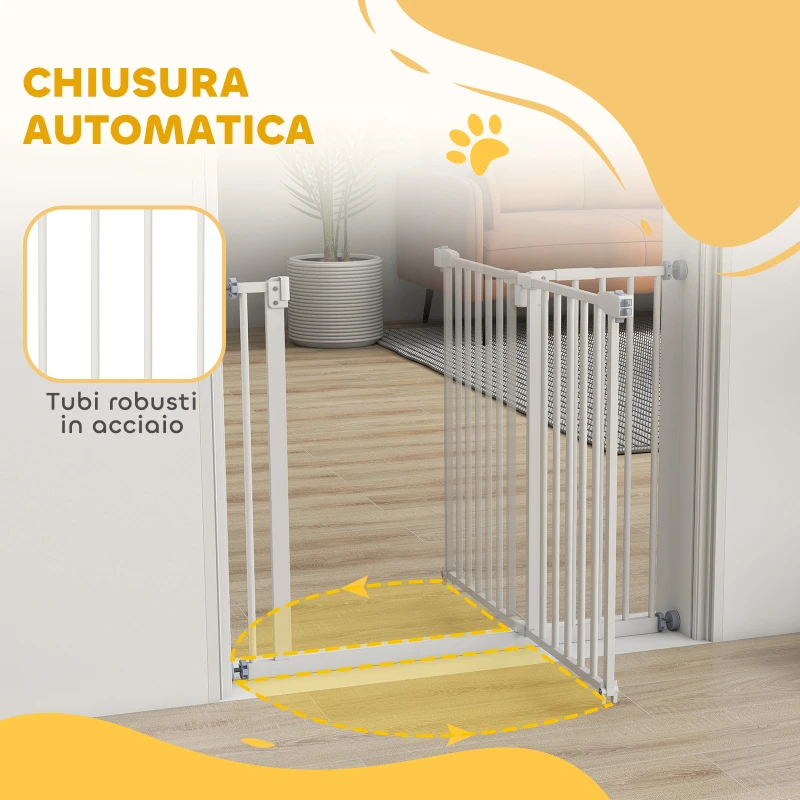 PawHut Cancelletto per Cani Estensibile con Montaggio a Pressione e Chiusura Automatica Altezza 76.2cm, Bianco