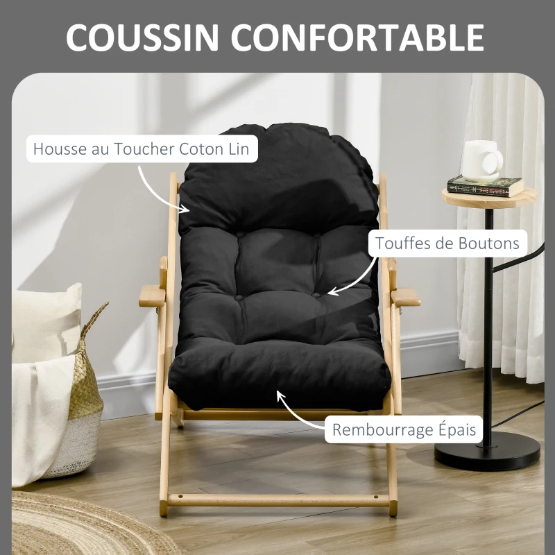HOMCOM Fauteuil Chaise de Salon Pliable et inclinable en Bois Fauteuil Relax Confortable avec Coussin capitonné épais