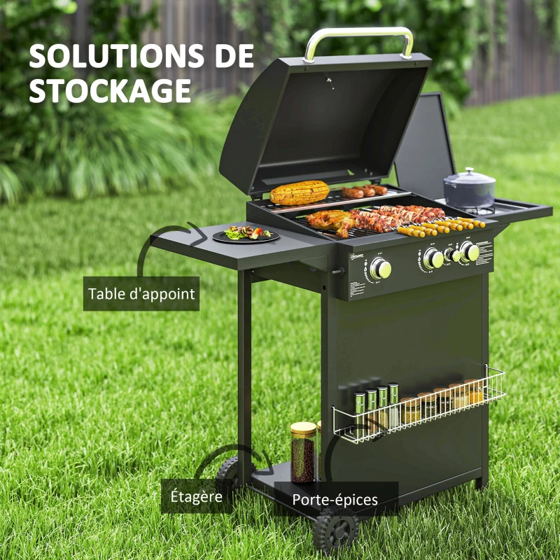 Outsunny Barbecue gaz 3+1 brûleurs en acier, puissance 9,5 kW, barbecue de jardin 2 grilles étagères latérales, 2 roues, noir
