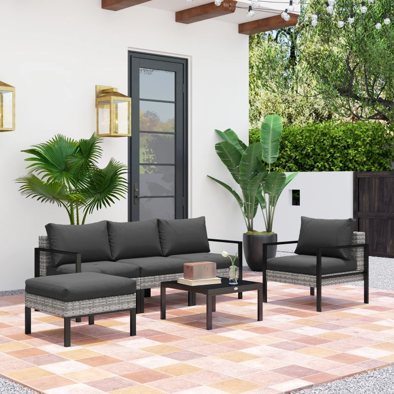 Outsunny Gartenlounge-Set für 5 Personen, Balkon-Lounge aus Kunststoff-Rattan mit Sesseln, Hocker und Couchtisch Hellgrau