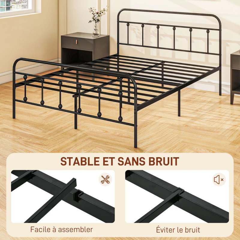 HOMCOM Cadre de lit 140 x 200 cm 2 personnes en acier sommier à lattes tête de lit et pied de lit rangement sous le lit noir