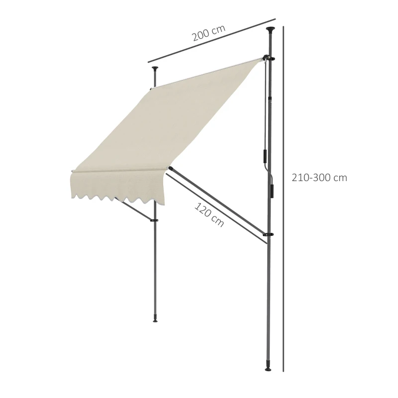 Outsunny Freistehende manuelle ausziehbare Markise 2L x 1,2B x 2,1-3H m Neigbarer Markise Metall und Aluminium Polyester Sand