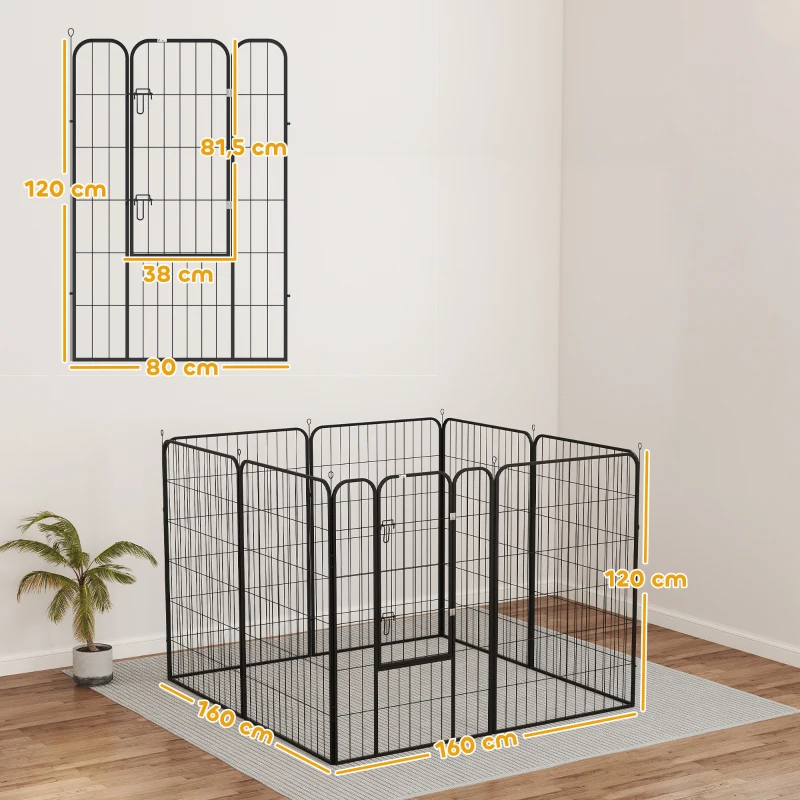 PawHut Parque para Animais de Estimação com 8 Painéis 80x120 cm Parque para Cães Dobrável com Porta e Dupla Trava Preto