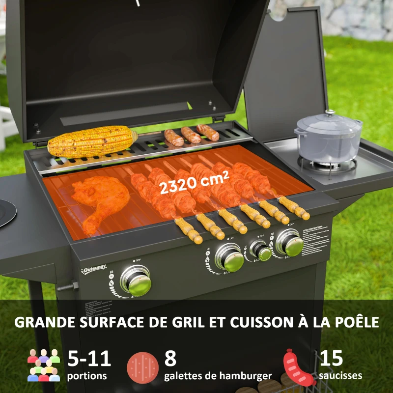 Outsunny Barbecue gaz 3+1 brûleurs en acier, puissance 9,5 kW, barbecue de jardin 2 grilles étagères latérales, 2 roues, noir