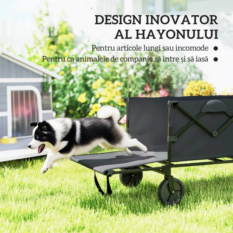 Outsunny Cărucior de Grădină de 160L cu 4 Roți, Geantă Extensibilă, Mâner Rotativ și Reglabil, 95x55x102 cm, Negru