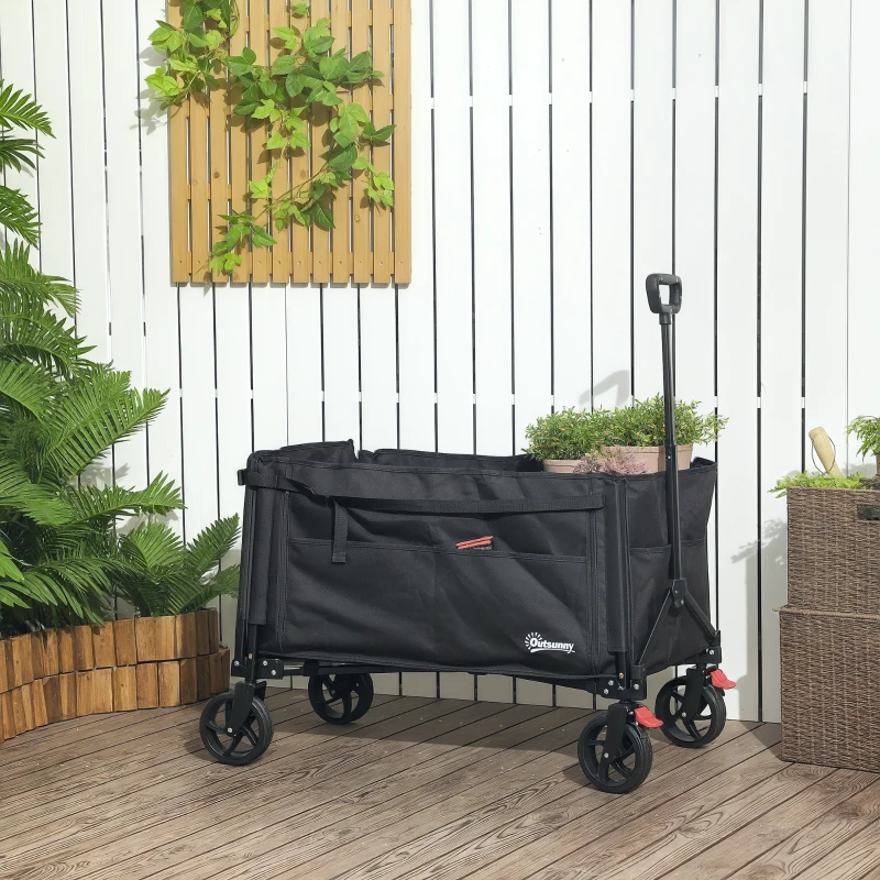 Outsunny Faltbarer Gartenwagen 150 L, Strandtransportwagen mit verstellbarem Griff und seitlichen Taschen 85 x 50 x 90 cm Schwarz