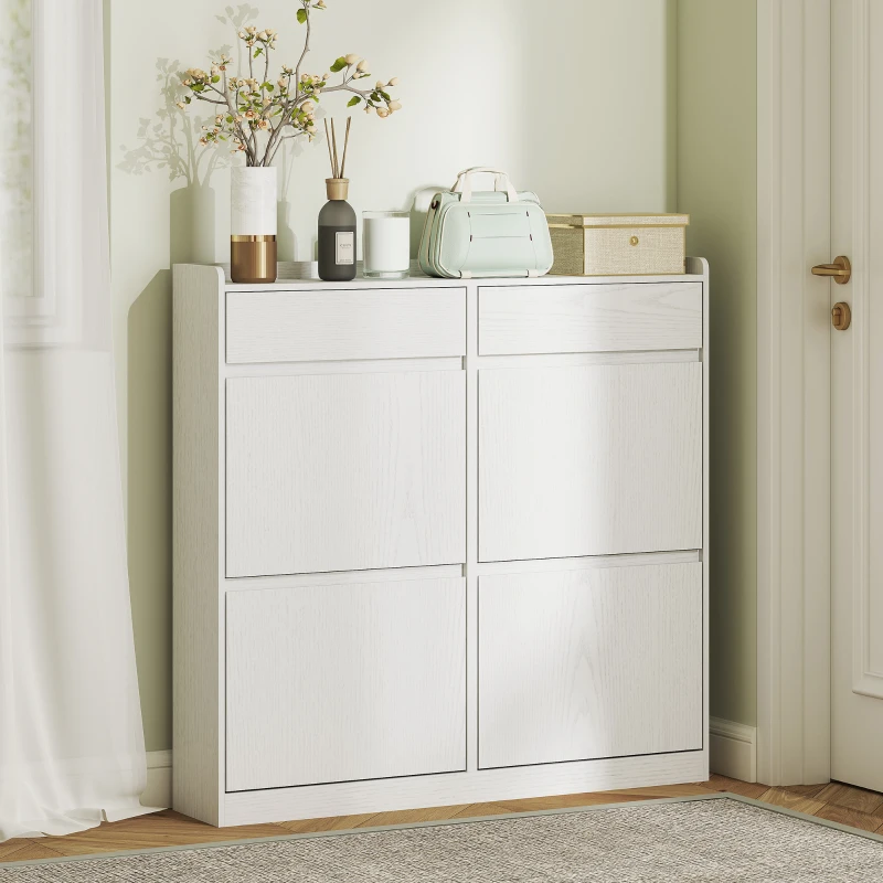 HOMCOM Schuhschrank für 8 Paare mit 2 Schubladen und 4 klappbaren Schubladen, 98 x 19,2 x 95,3 cm, weiß