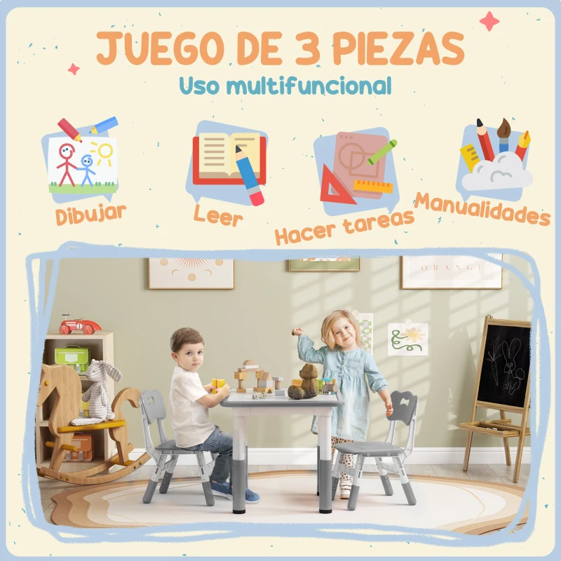 AIYAPLAY Conjunto de Mesa y 2 Sillas Infantiles Ajustables en Altura para Niños de 18 Meses a 5 Años Fácil de Limpiar
