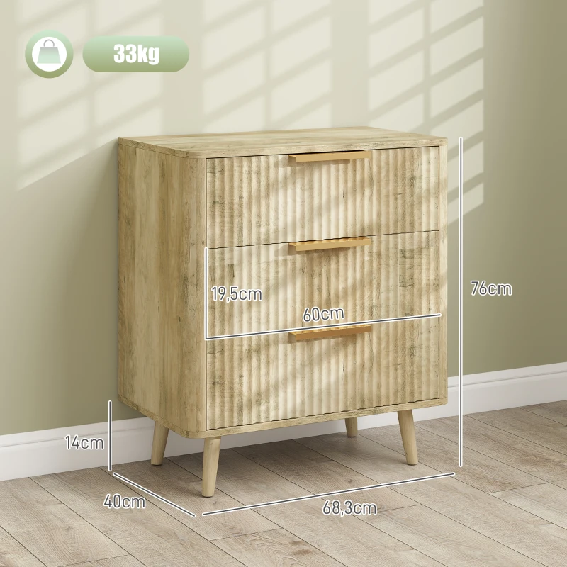 HOMCOM Commode 3 tiroirs avec poignées et pieds de pin, bois effet cannelé, pour chambre à coucher, salon, couloir, chêne