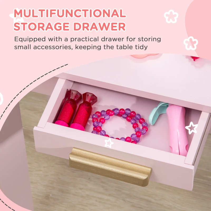 HOMCOM Kids Dressing Table Set, with Mirror and Drawer - Pink