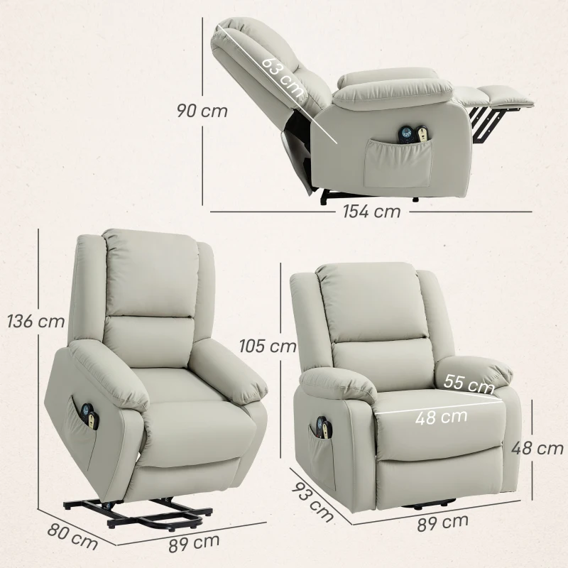 HOMCOM Poltrona Relax Levanta Pessoas com 8 Pontos de Massagem Reclinável com Função de Aquecimento 89x93x105 cm Cinzento Claro