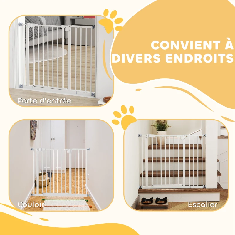 PawHut Barrière de sécurité sans perçage largueur réglable 74-80 / 91,5-97,5 cm double verrouillage fermeture automatique barrière chien pour porte couloir escalier acier blanc
