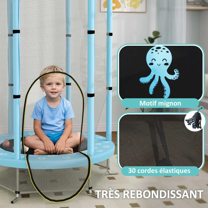 AIYAPLAY Trampoline pour enfants Ø140 cm trampoline extérieur pour enfants 3-6 ans avec filet de sécurité porte zippée bleu clair