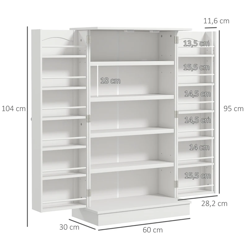 HOMCOM Küchenschrank Speisekammer 2 Türen mit 5 Regalen und 12 Gewürzregalen - 60 x 30 x 104 cm - weiß