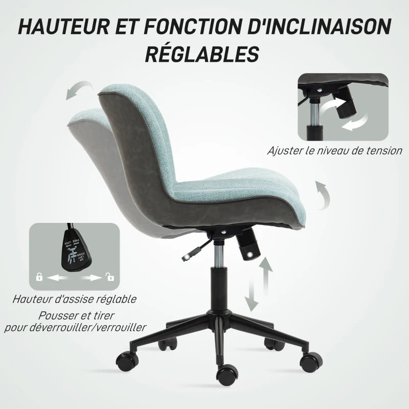 HOMCOM Chaise de bureau pivotante sans accoudoirs, hauteur et inclinaison réglables, capacité 120 kg, vert