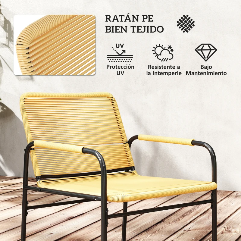 Outsunny Conjunto de Muebles de Jardín de Ratán Sintético con 2 Sillas con Cojines Extraíbles y Mesa con Tablero de Metal Natural