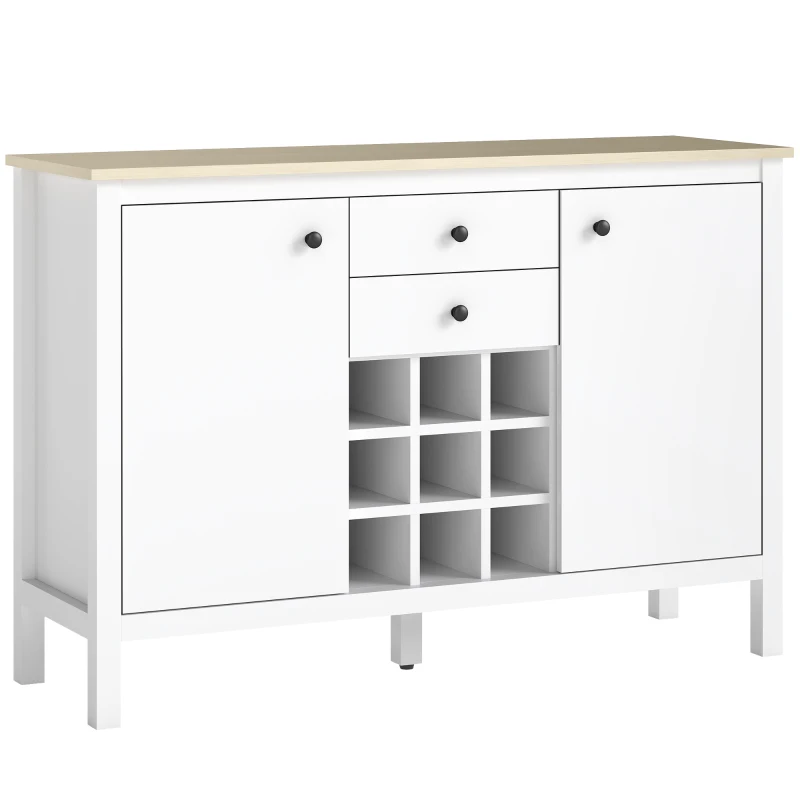 HOMCOM Buffet meuble de rangement avec 2 tiroirs, 2 portes étagères réglables et porte-bouteilles pour 9 bouteilles, blanc