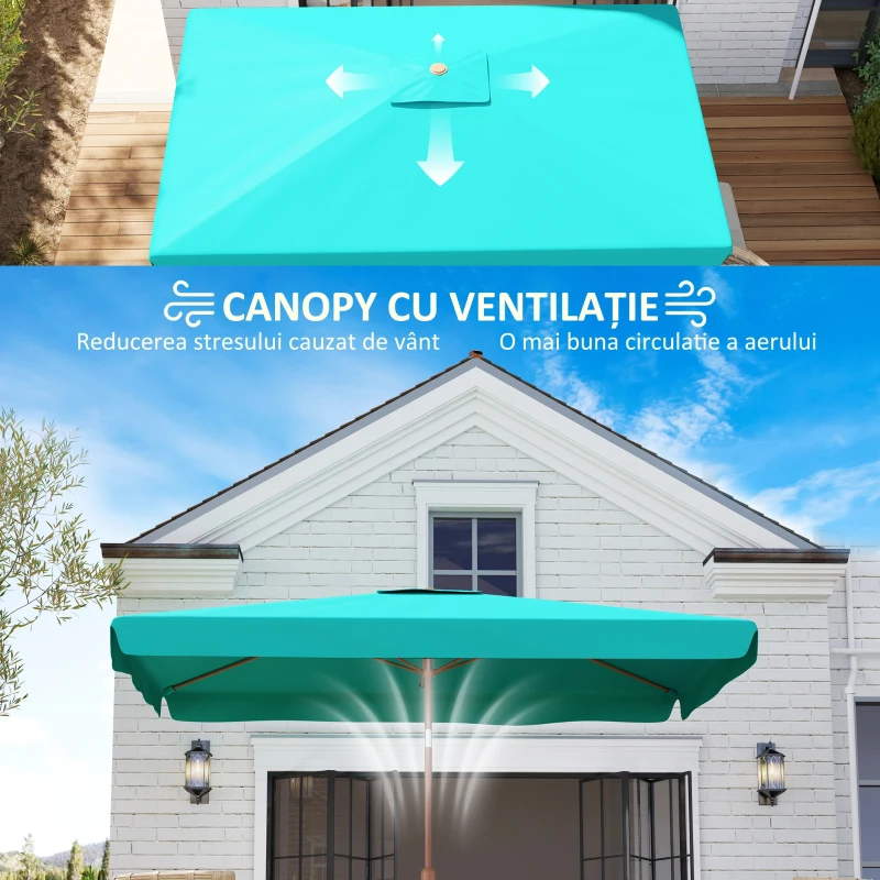 Outsunny Umbrela de Gradina inclinabila cu Deschidere cu Manivela si Orificiu de Aerisire, 300x200x235 cm, Turcoaz