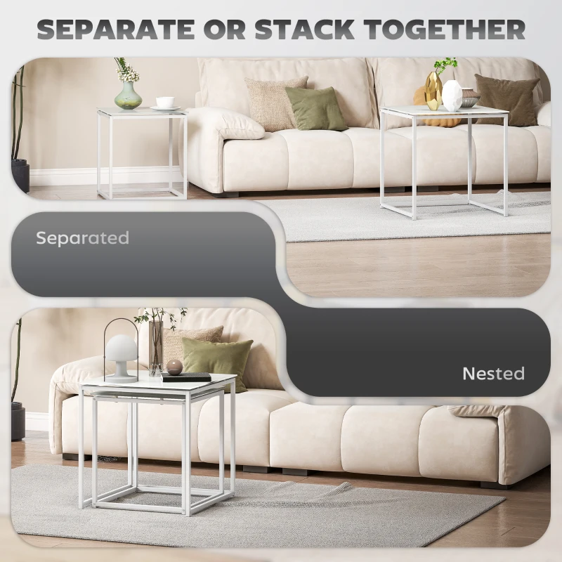 HOMCOM Nest of Tables, Set of 2 Coffee Table, Side Tables with Tempered Glass Desktop and Metal Frame for Living Room, Bedroom, Office, White