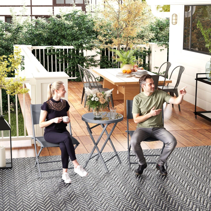 Outsunny 3-teiliges klappbares Bistro-Set aus Metall, 2 Stühle und 1 runder Tisch, Gartenmöbel-Set im Freien für 2 Personen, grau