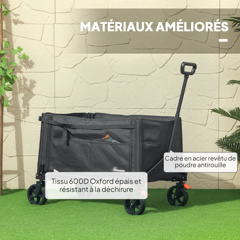 Outsunny Faltbarer Gartenwagen 150 L, Strandtransportwagen mit verstellbarem Griff und seitlichen Taschen 85 x 50 x 90 cm Schwarz