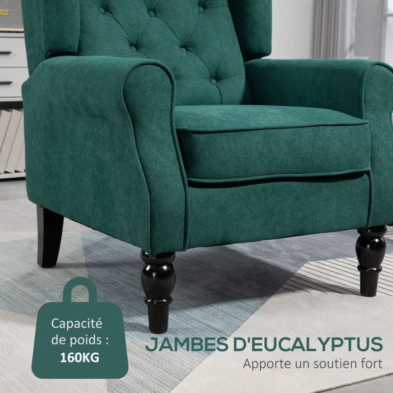 HOMCOM Fauteuil de salon capitonné avec assise large, pieds en bois, style classique, grand confort, 74 x 86 x 102 cm, vert
