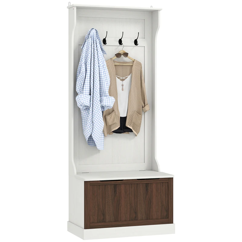 HOMCOM Garderobenständer 3 in 1 mit 4 Haken und Sitzbank, aus Holz, 71,5x39,5x170 cm, Weiß