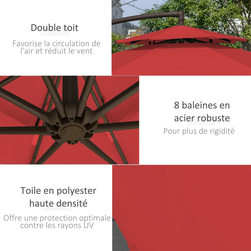 Outsunny Parasol déporté octogonal double toit inclinable manivelle avec pied en croix acier polyester Ø 2,67 x 2,65H m rouge