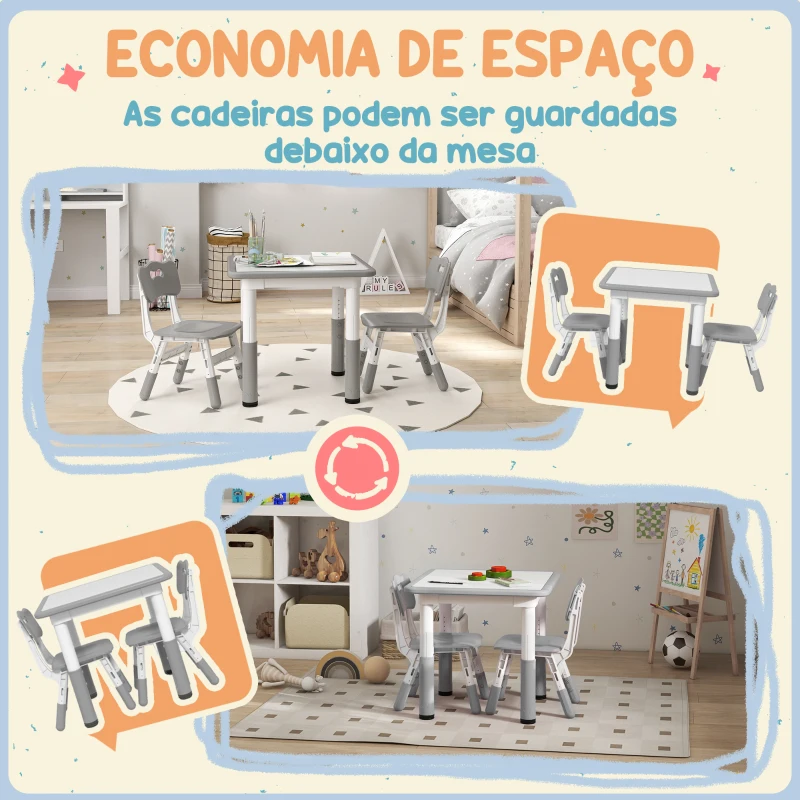 AIYAPLAY Mesa e Cadeiras para Crianças de 3 Peças com Altura Ajustável para Sala de Jogos Quarto Escola Infantil Branco e Cinza