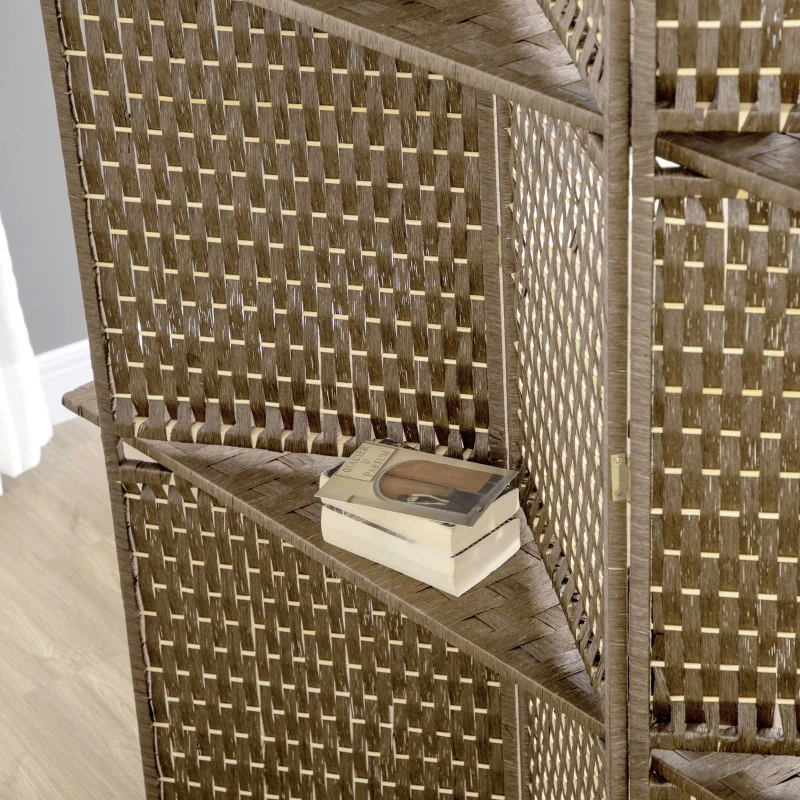 HOMCOM Innenraum-Paravent Raumteiler 4 Paneelen 2 Regale Kiefernholz geflochtene Papierschnüre 181 x 180 cm Braun