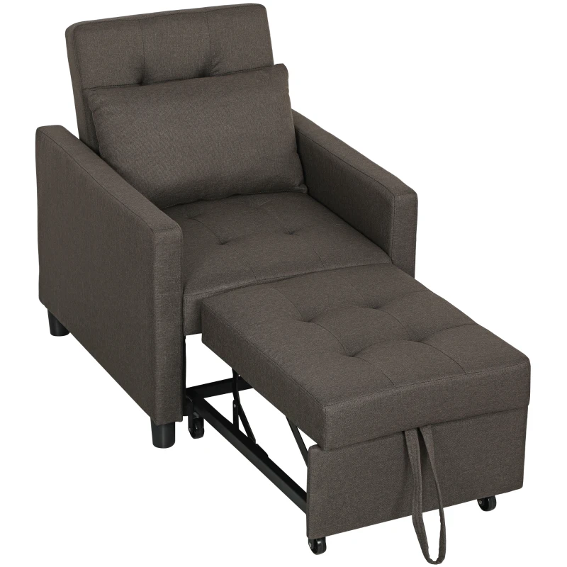 HOMCOM Sofá Cama Individual Poltrona com 4 Rodas Encosto Reclinável Almofada Extra e Assento Acolchoado 69x82,5x84 cm Cinzento