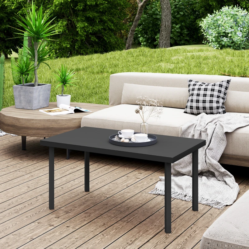 Outsunny Rechteckiger Gartencouchtisch, Beistelltisch mit Holzmaserungseffekt, Metallrahmen 95 x 55 x 46 cm Schwarz