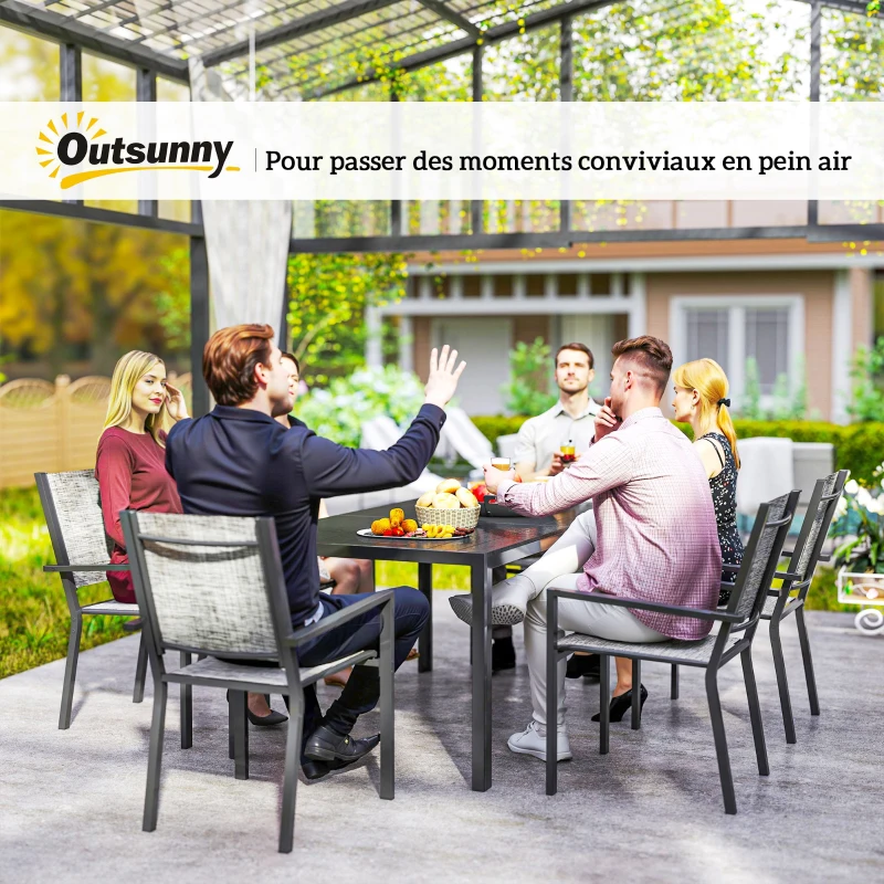 Outsunny Gartentisch im Freien mit 6 stapelbaren Stühlen, Latten-Platte 150 cm, rostfreier Stahlrahmen, Schwarz
