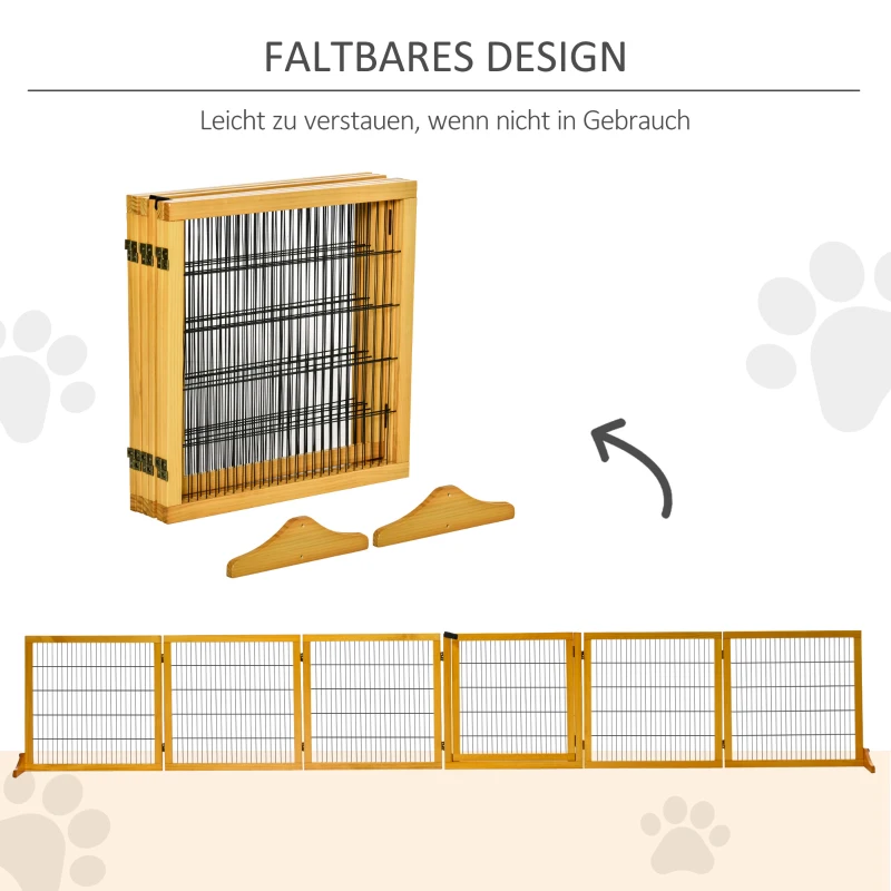 PawHut Absperrgitter für Hunde, klappbar, 432 x 36 x 70 cm, Kiefernholz, Gelb(m-6)