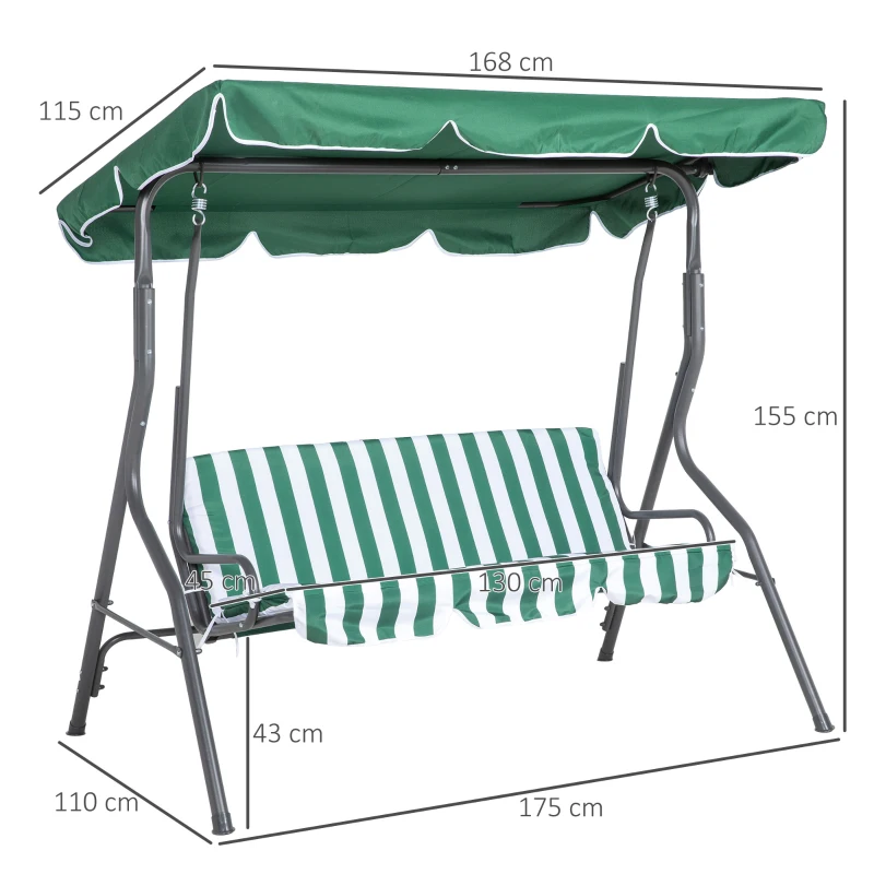 Outsunny Gartenwippe 3-Sitzer, Terrassenwippe mit verstellbarem Sonnendach, Streifenmuster 1,7 x 1,1 x 1,53 m Grün