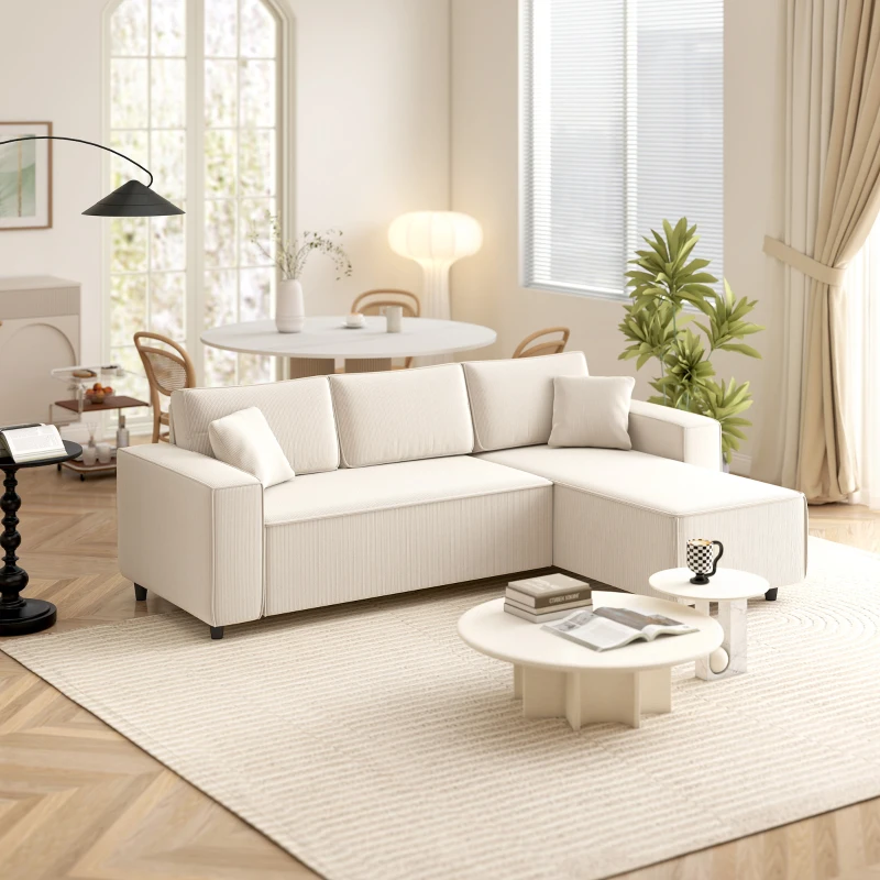 HOMCOM Canapé d'angle réversible 3 places moderne avec coussins inclus, tissu velours côtelé, crème(m-9)
