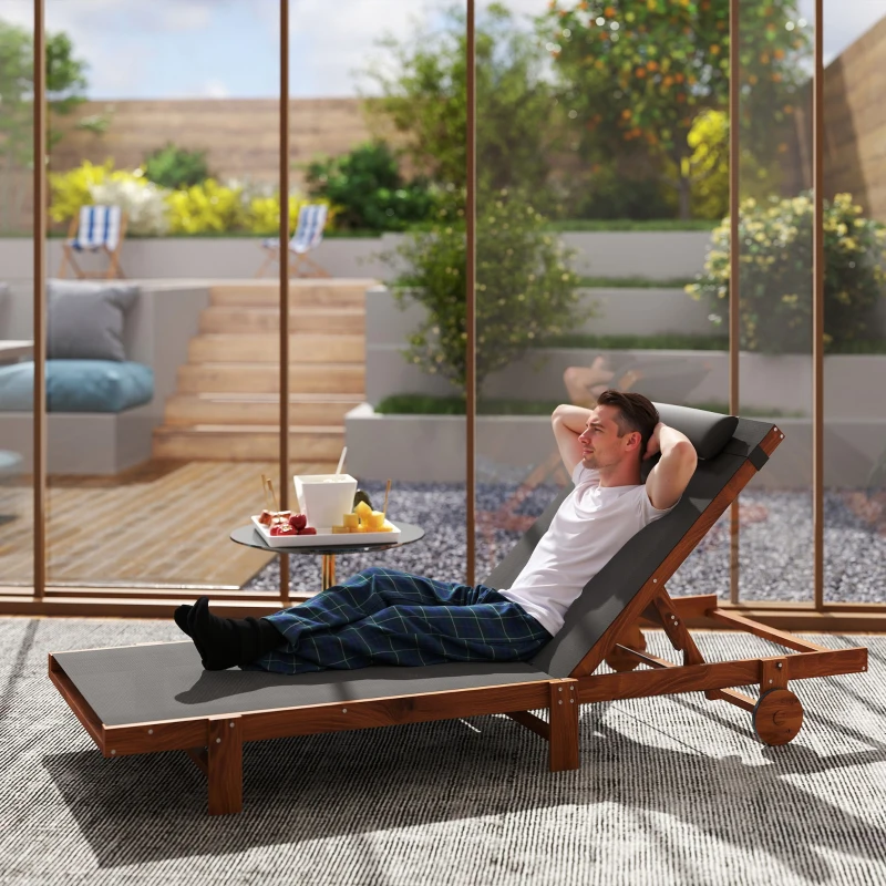 Outsunny Sonnenliegestuhl mit verstellbarer Rückenlehne in 4 Positionen Rädern und Kopfstütze, Schwarz