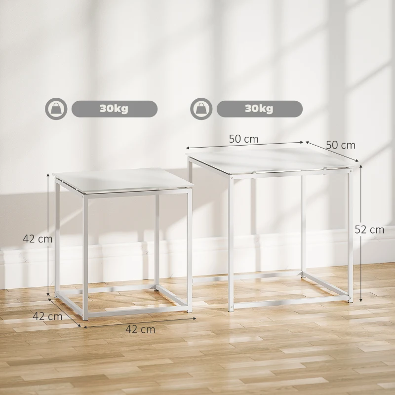 HOMCOM Nest of Tables, Set of 2 Coffee Table, Side Tables with Tempered Glass Desktop and Metal Frame for Living Room, Bedroom, Office, White