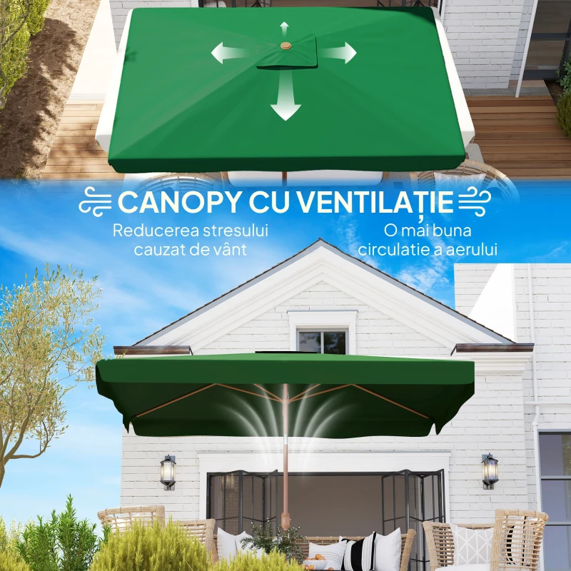 Outsunny Umbrelă de Grădină 2x3 m cu Deschidere cu Manivelă, Înclinabilă și Anti-UV 50+, Verde