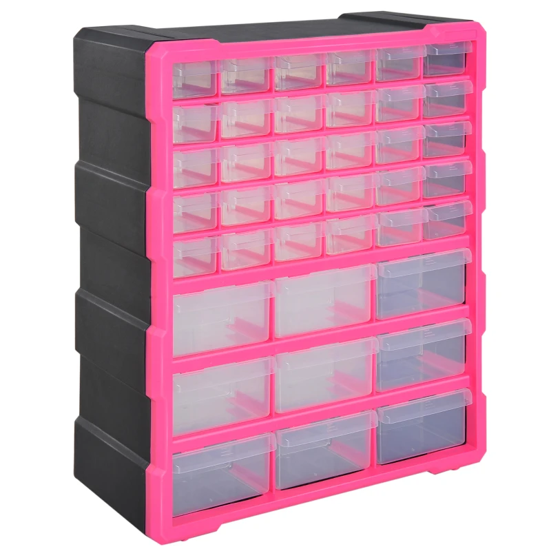 DURHAND Kunststoff-Schubladenbox für Kleinteile mit 39 transparenten Schubladen, Wand- oder Bodenmontage 38x16x47,5 cm Rosa