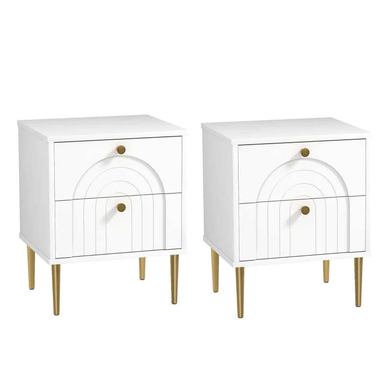 HOMCOM Pack de 2 Mesillas de Noche Dormitorio con 2 Cajones y Patas de Acero Estilo Moderno 40x35x50 cm Blanco