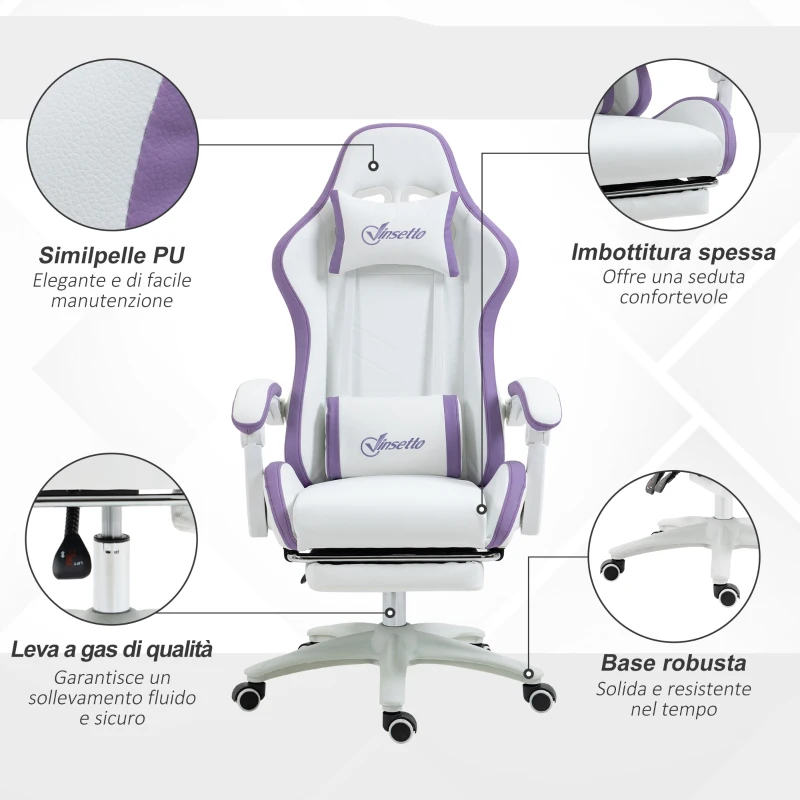 Vinsetto Sedia da Gaming con Altezza Regolabile e Schienale Reclinabile, 65x65x121-129 cm, Bianco e Viola