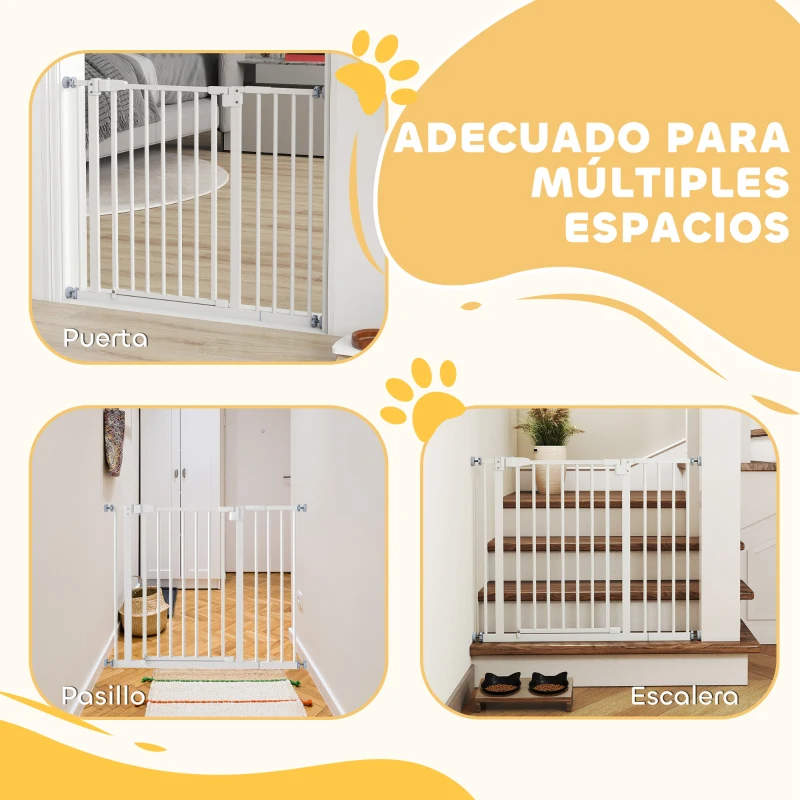 PawHut Puerta para Perros con Longitud Ajustable Sistema de Cierre Automático para Escaleras Pasillos 74-97,5x76,2 cm Blanco