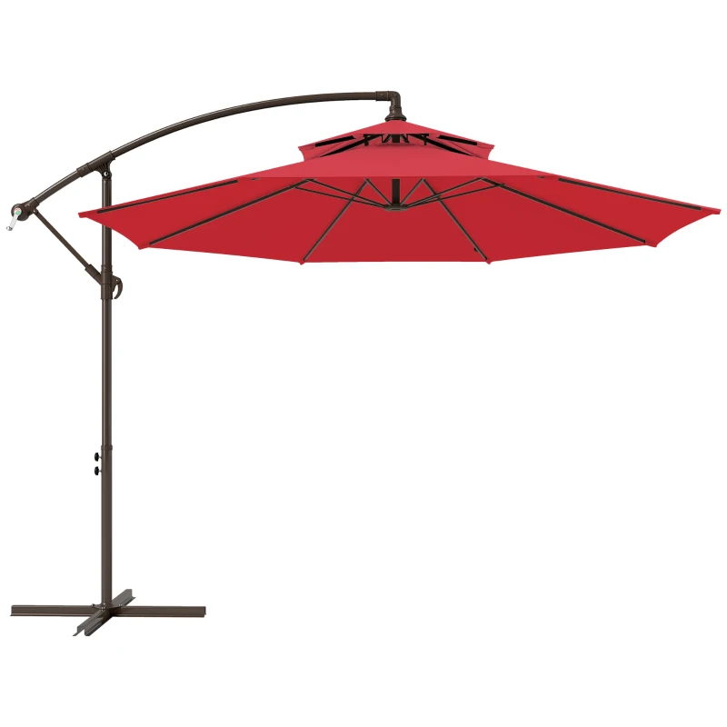 Outsunny Parasol déporté octogonal double toit inclinable manivelle avec pied en croix acier polyester Ø 2,67 x 2,65H m rouge