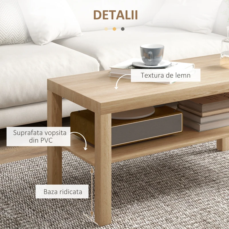 HOMCOM Măsuță de Cafea Dreptunghiulară cu Raft 90x45x44.5cm Lemn Natural