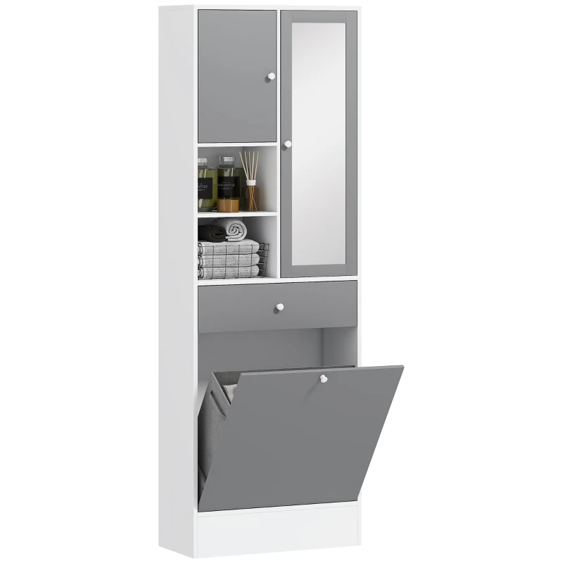 HOMCOM Badezimmerschrank mit Wäschekorb und Spiegeltür verstellbarem Regal 62 x 28,3 x 181 cm grau und weiß